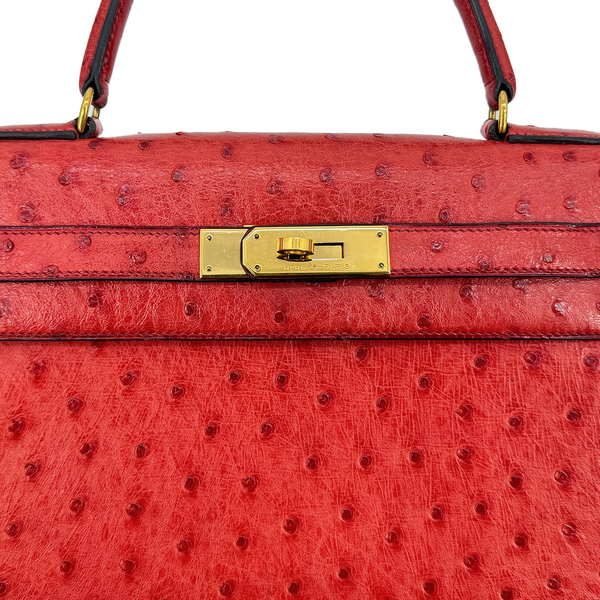 HERMES KELLY 28 SELLIER ROUGE VIF OSTRICH HAND SHOULDER BAG 1989 CIRCLE S GOLD HARDWA SAB0001
