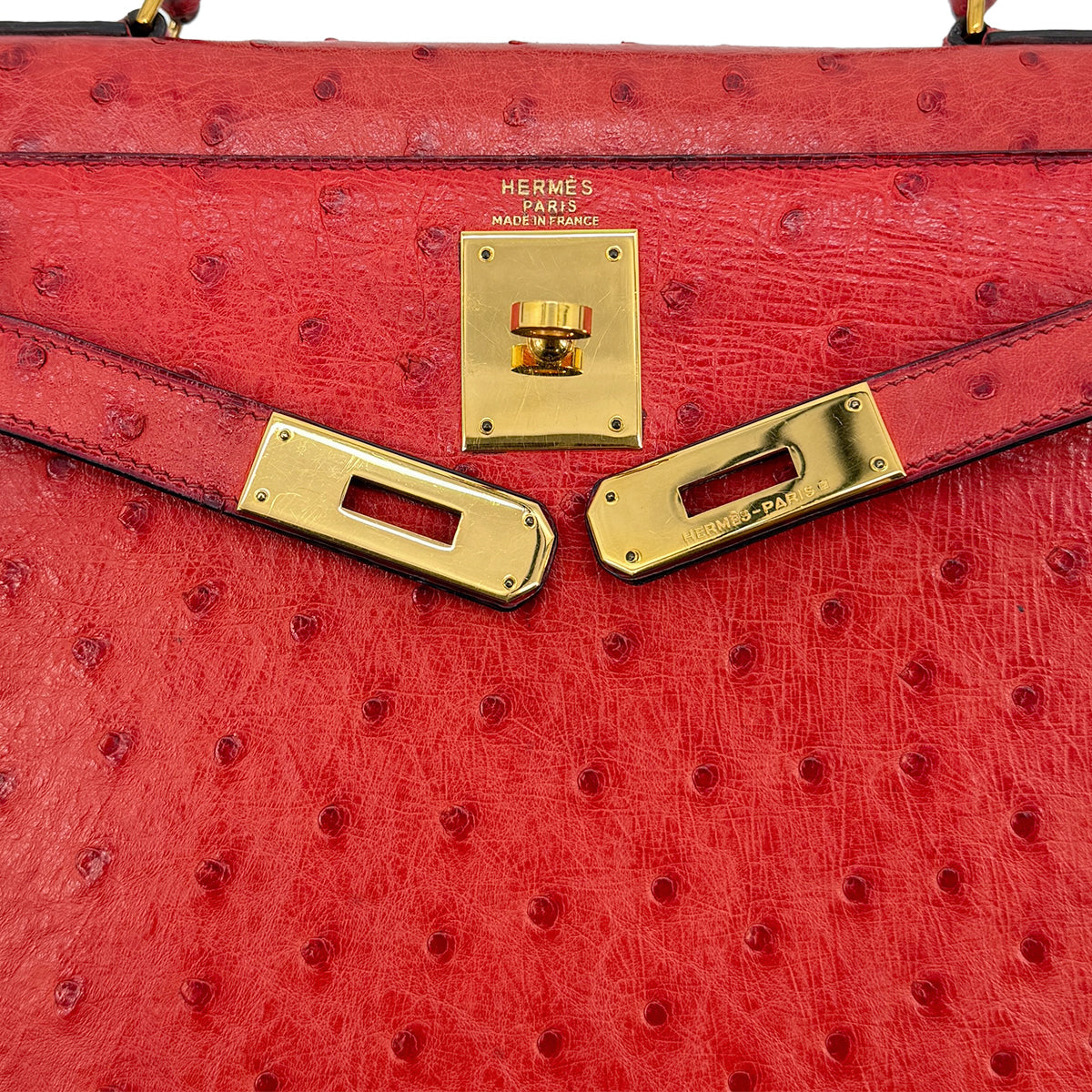 HERMES KELLY 28 SELLIER ROUGE VIF OSTRICH HAND SHOULDER BAG 1989 CIRCLE S GOLD HARDWA  SAB0001