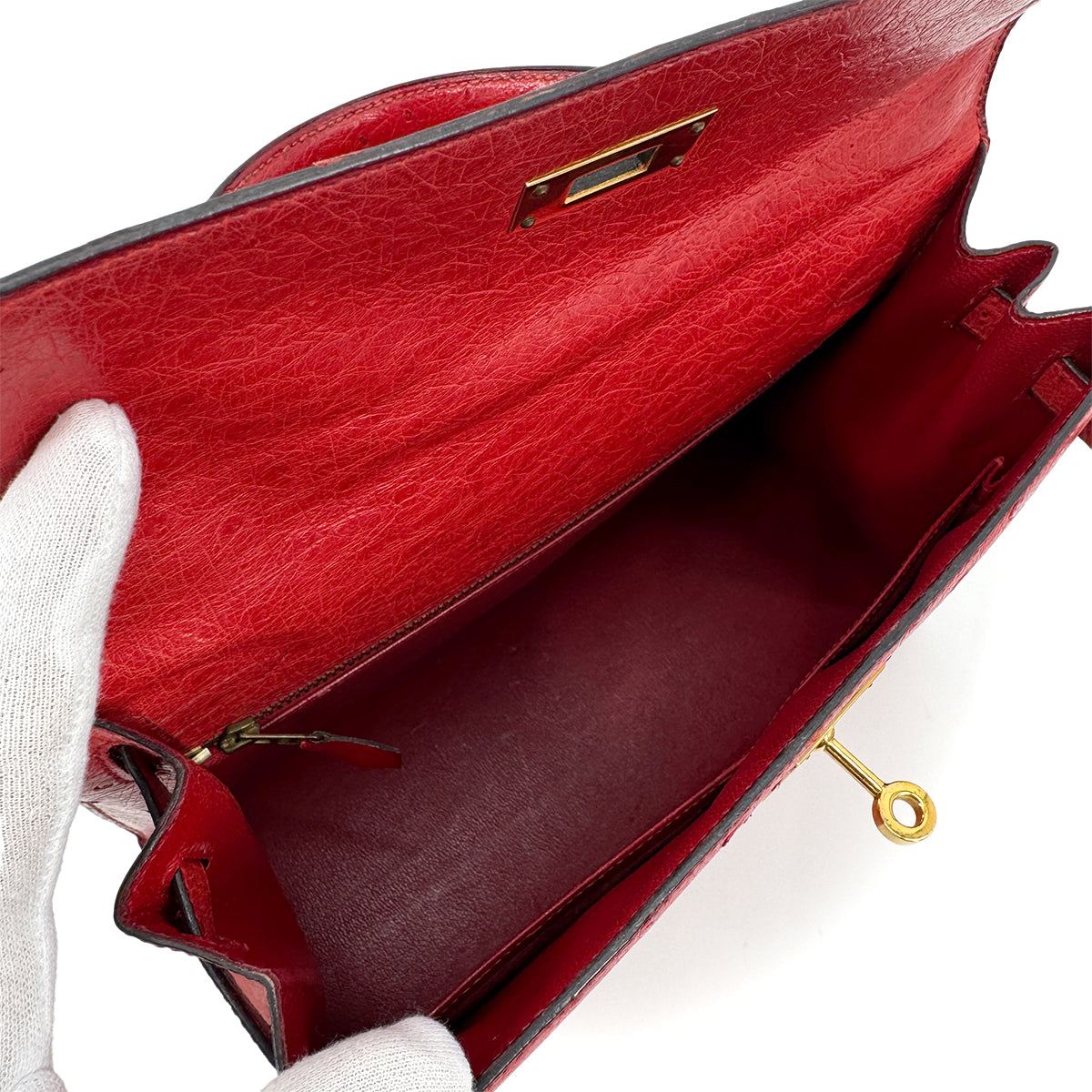 HERMES KELLY 28 SELLIER ROUGE VIF OSTRICH HAND SHOULDER BAG 1989 CIRCLE S GOLD HARDWA SAB0001
