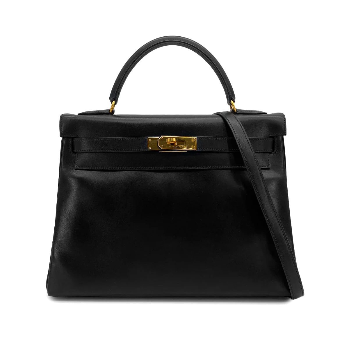 HERMES KELLY 32 RETOURNE BLACK BOXCALF HAND SHOULDER BAG 1994 CIRCLE X GOLD HARDWARE 90324739