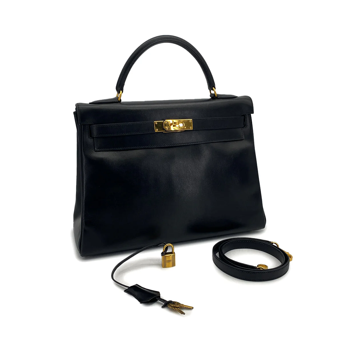 HERMES KELLY 32 RETOURNE BLACK BOXCALF HAND SHOULDER BAG 1994 CIRCLE X GOLD HARDWARE 90324739