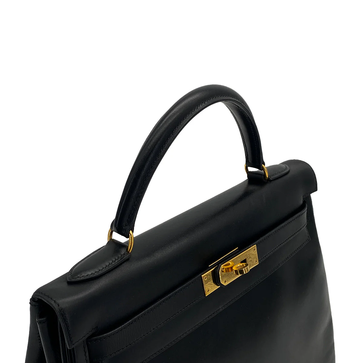 HERMES KELLY 32 RETOURNE BLACK BOXCALF HAND SHOULDER BAG 1994 CIRCLE X GOLD HARDWARE 90324739