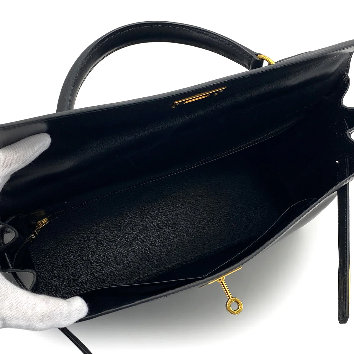 HERMES KELLY 32 RETOURNE BLACK BOXCALF HAND SHOULDER BAG 1994 CIRCLE X GOLD HARDWARE 90324739