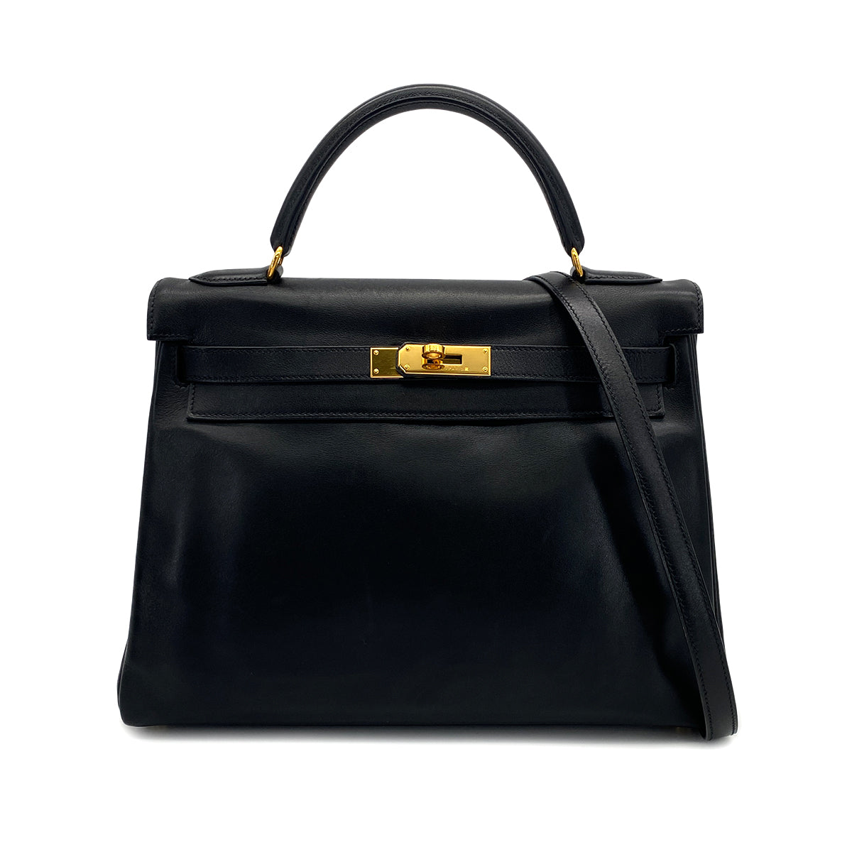 HERMES KELLY 32 RETOURNE BLACK VEAU GULLIVER HAND BAG 1999 SQUARE C GOLD HARDWARE 90322047