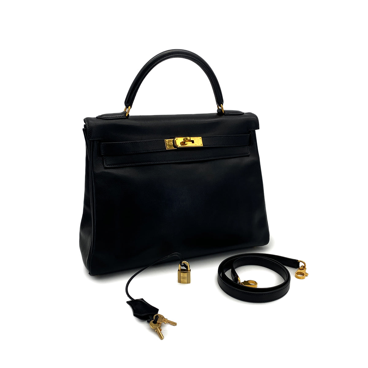 HERMES KELLY 32 RETOURNE BLACK VEAU GULLIVER HAND BAG 1999 SQUARE C GOLD HARDWARE 90322047