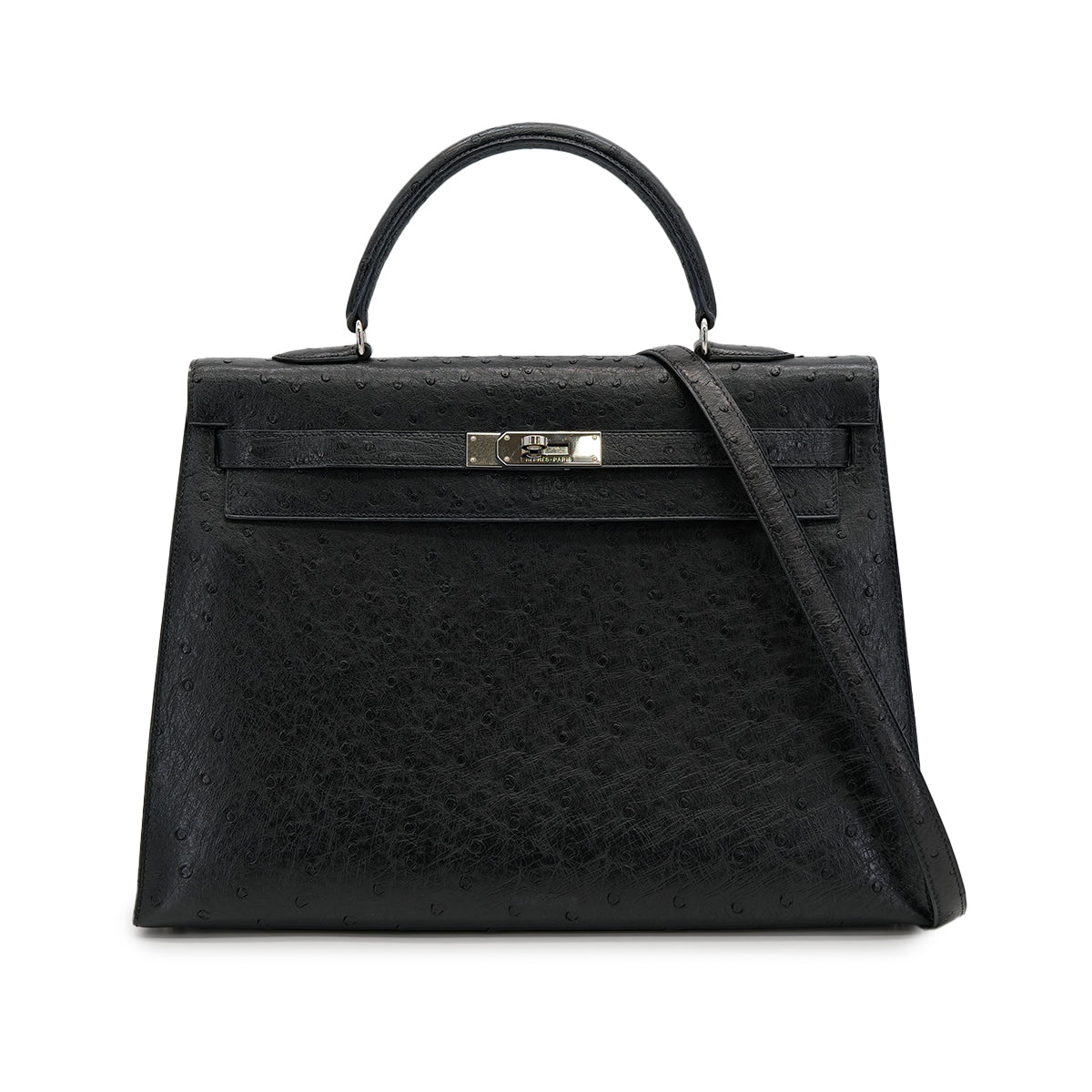 HERMES KELLY 35 SELLIER BLACK OSTRICH HAND SHOULDER BAG 1999 SQUARE C SILVER HARDWARE 90316160