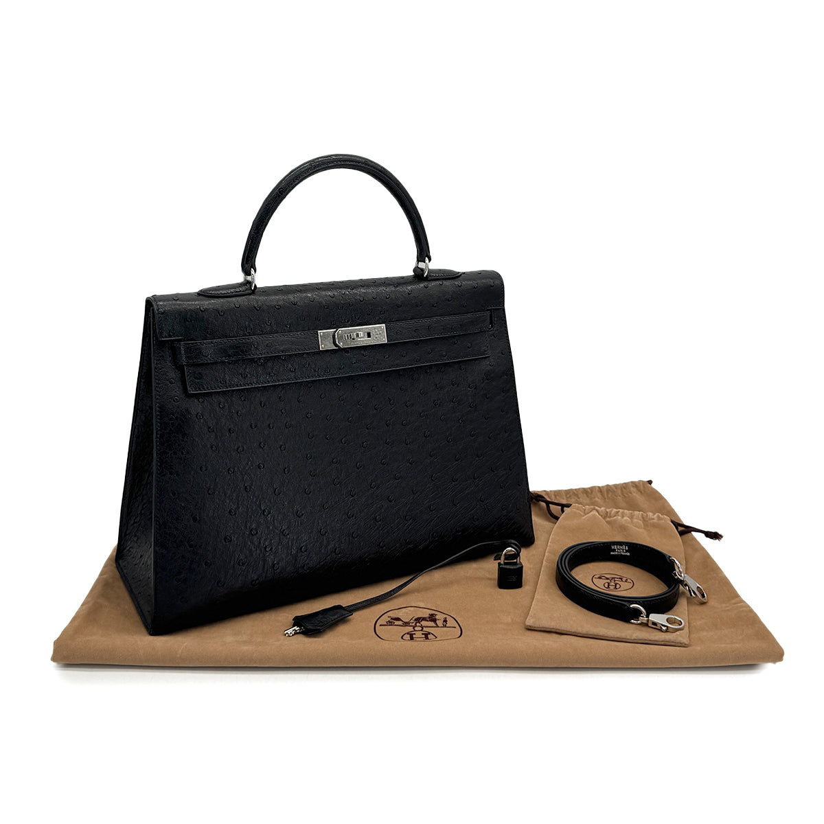 HERMES KELLY 35 SELLIER BLACK OSTRICH HAND SHOULDER BAG 1999 SQUARE C SILVER HARDWARE 90316160