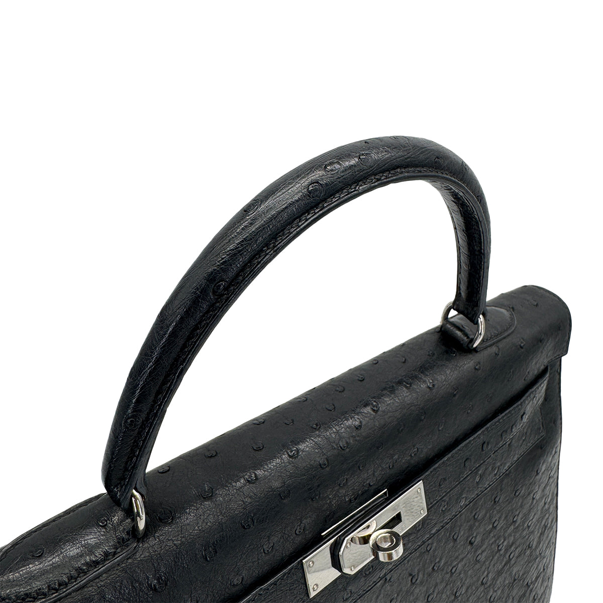 HERMES KELLY 35 SELLIER BLACK OSTRICH HAND SHOULDER BAG 1999 SQUARE C SILVER HARDWARE 90316160