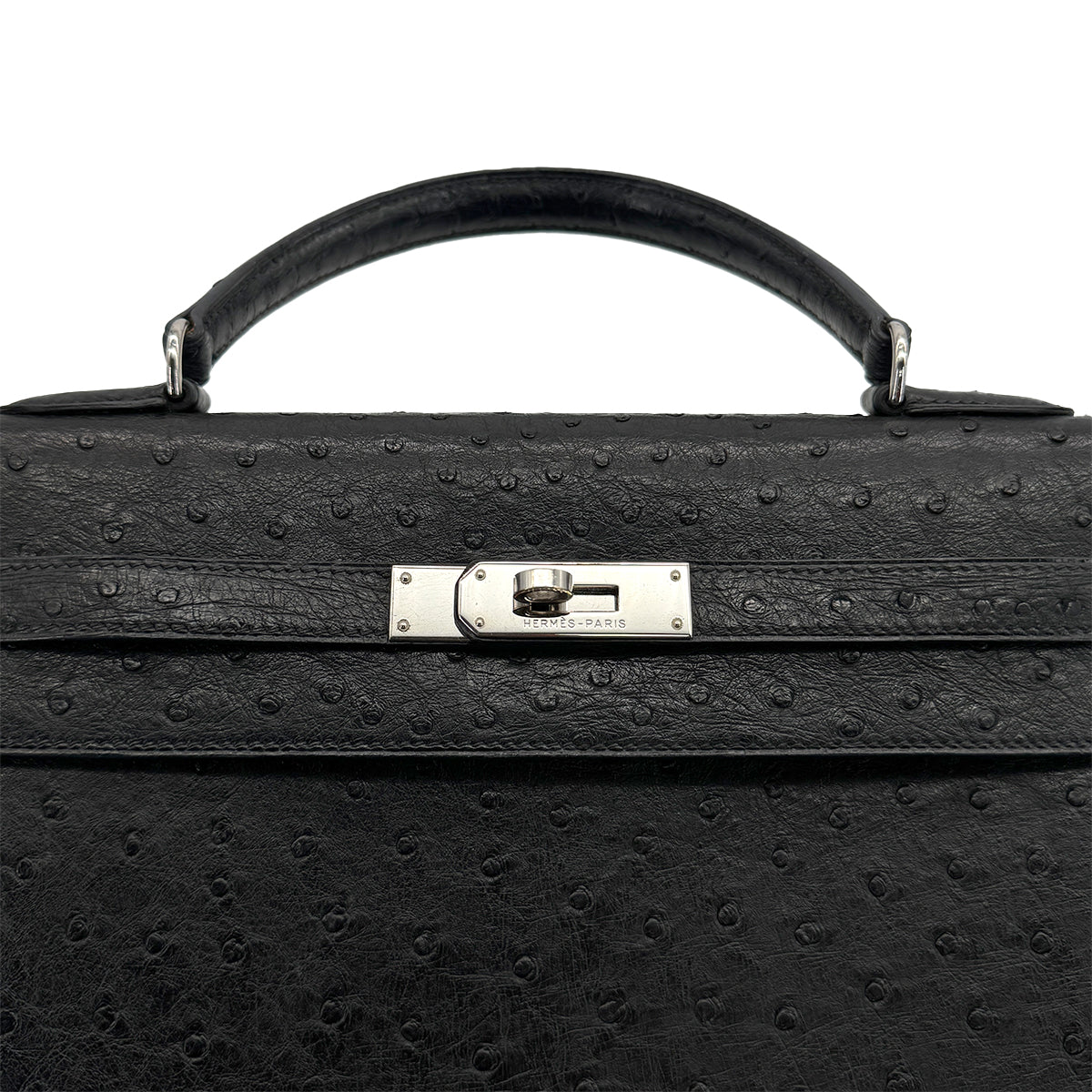 HERMES KELLY 35 SELLIER BLACK OSTRICH HAND SHOULDER BAG 1999 SQUARE C SILVER HARDWARE 90316160