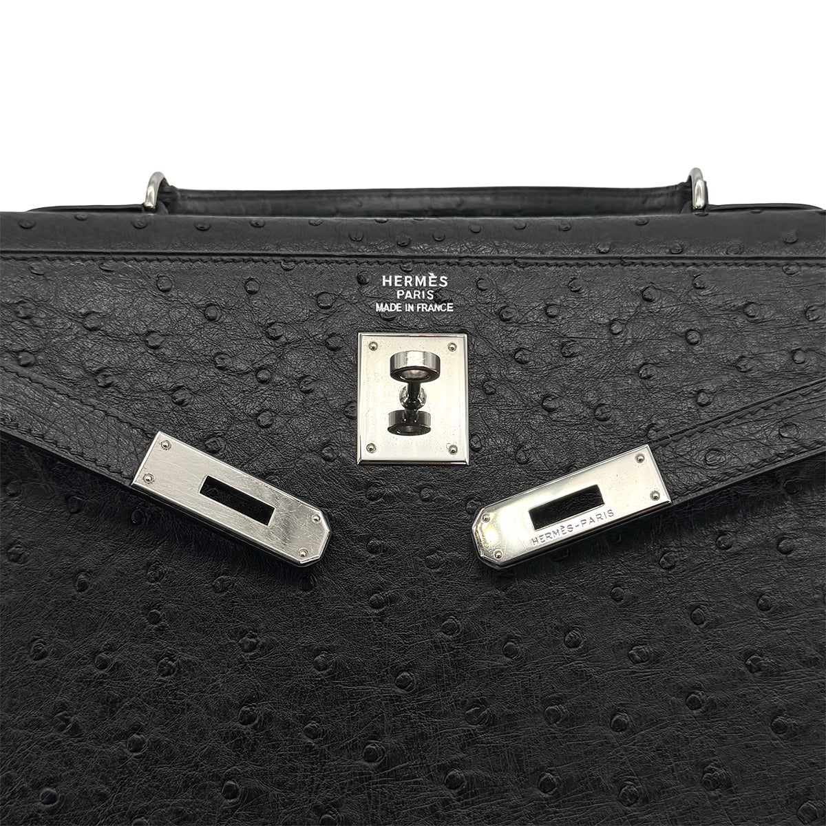 HERMES KELLY 35 SELLIER BLACK OSTRICH HAND SHOULDER BAG 1999 SQUARE C SILVER HARDWARE 90316160