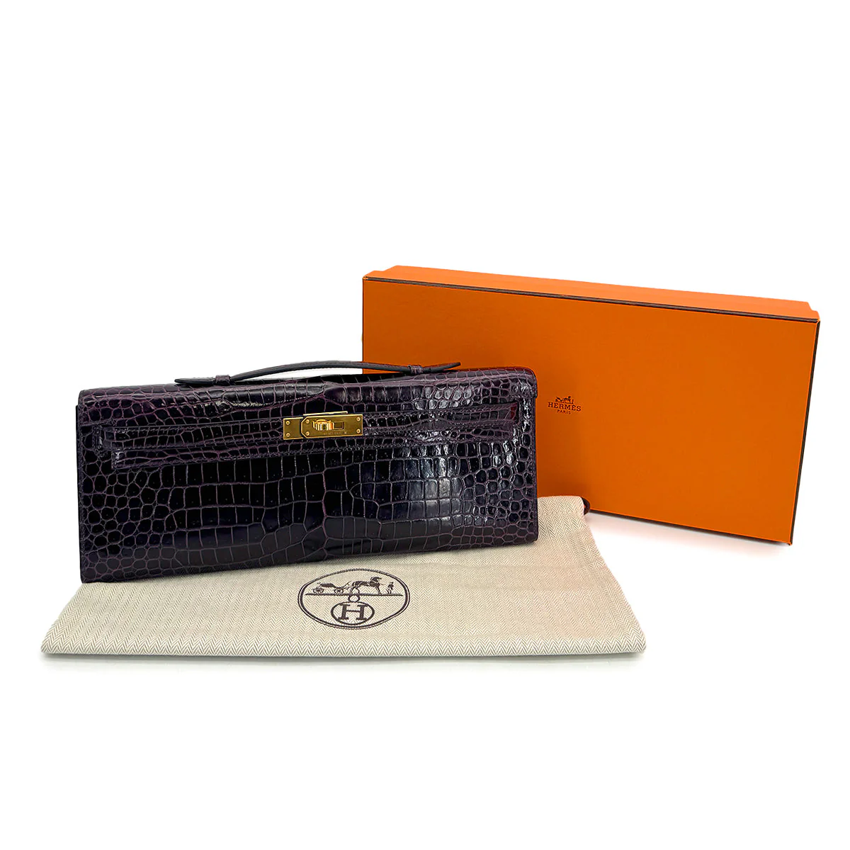 HERMES KELLY CUT AUBERGINE CROCODILE POROSUS HAND BAG 2019 D STAMP GOLD HARDWARE 90317182