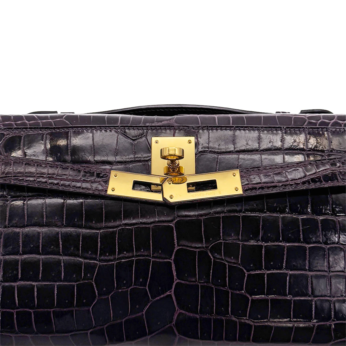 HERMES KELLY CUT AUBERGINE CROCODILE POROSUS HAND BAG 2019 D STAMP GOLD HARDWARE 90317182
