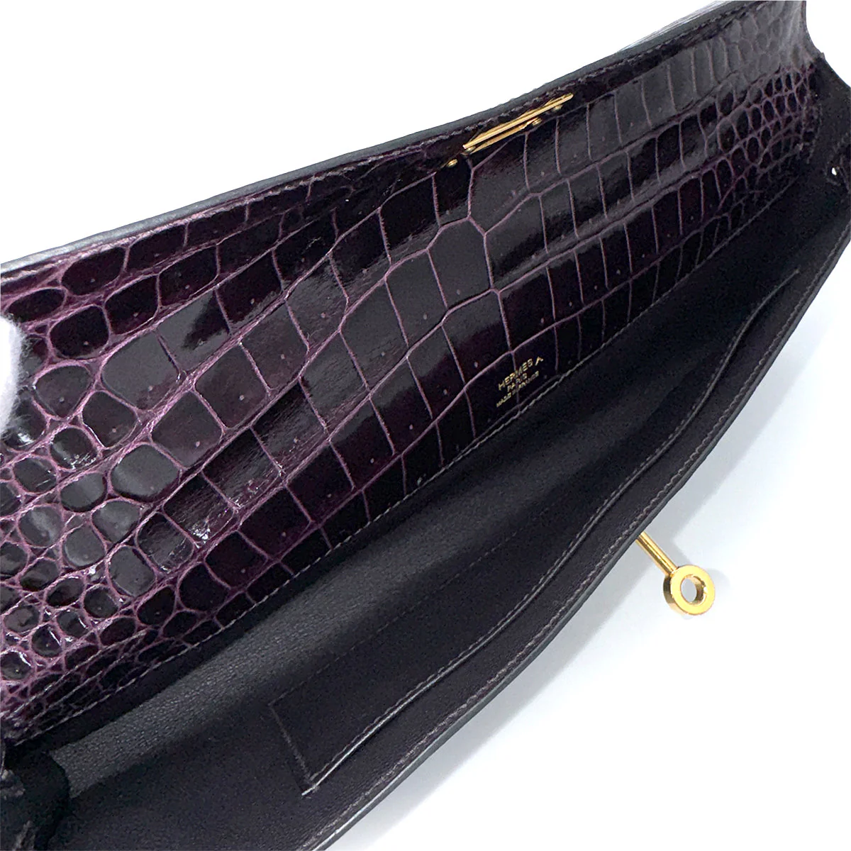 HERMES KELLY CUT AUBERGINE CROCODILE POROSUS HAND BAG 2019 D STAMP GOLD HARDWARE 90317182