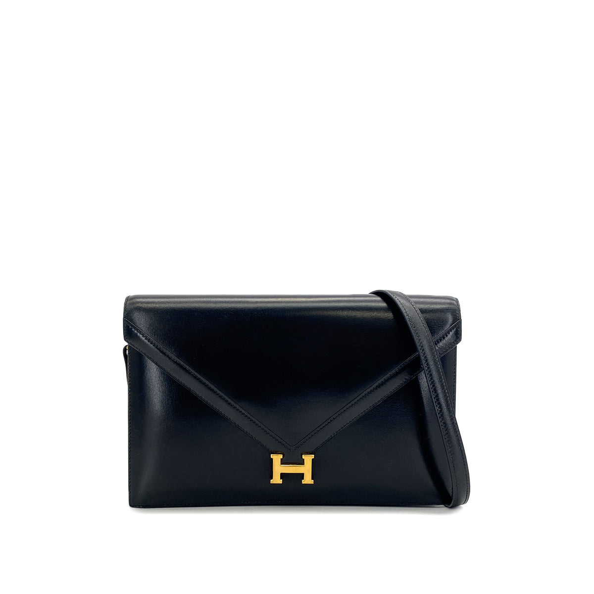 HERMES LYDIE BLACK BOXCALF CLUTCH SHOULDER BAG 1984 CIRCLE N GOLD HARDWARE 90321146