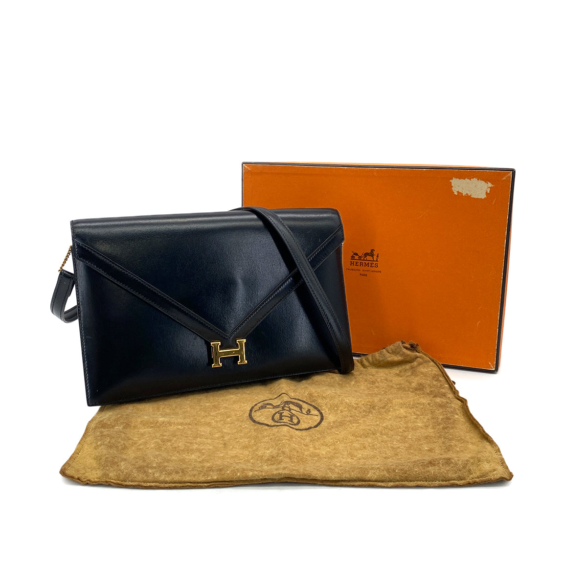 HERMES LYDIE BLACK BOXCALF CLUTCH SHOULDER BAG 1984 CIRCLE N GOLD HARDWARE 90321146