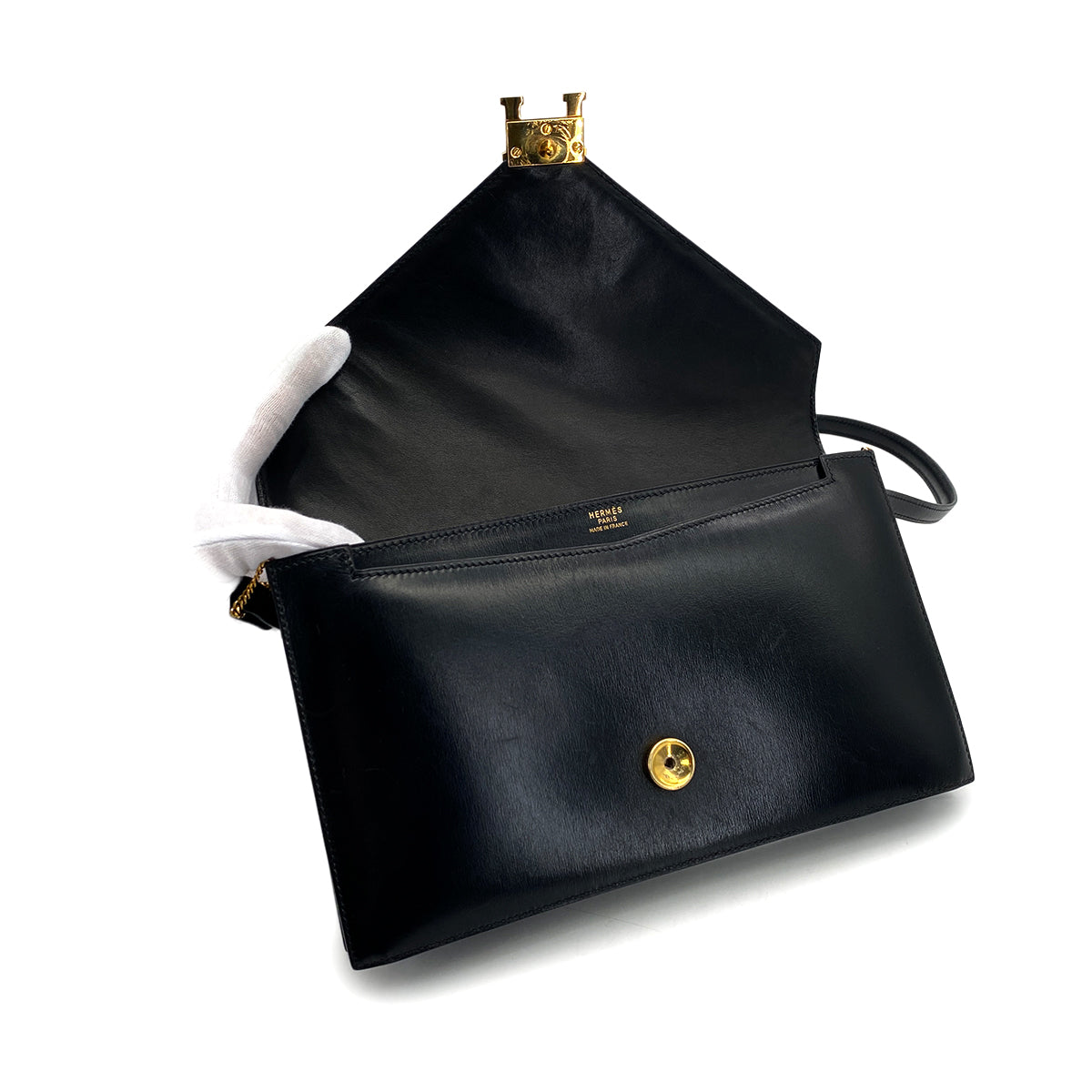 HERMES LYDIE BLACK BOXCALF CLUTCH SHOULDER BAG 1984 CIRCLE N GOLD HARDWARE 90321146