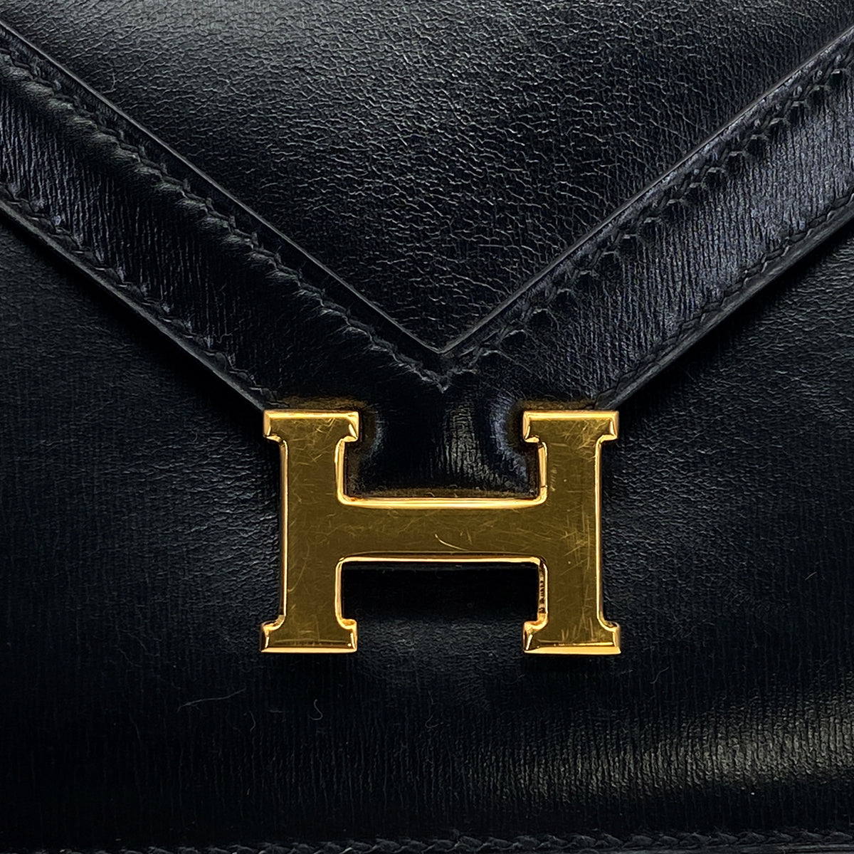 HERMES LYDIE BLACK BOXCALF CLUTCH SHOULDER BAG 1984 CIRCLE N GOLD HARDWARE 90321146