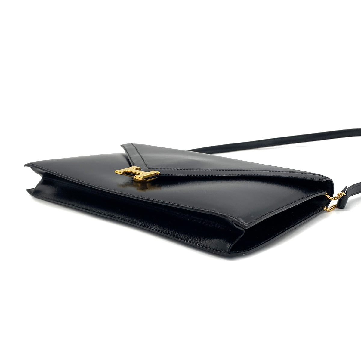HERMES LYDIE BLACK BOXCALF CLUTCH SHOULDER BAG 1984 CIRCLE N GOLD HARDWARE 90321146