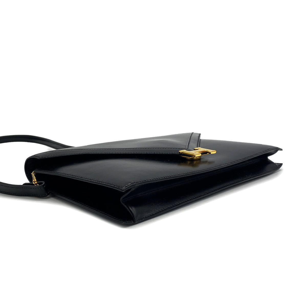 HERMES LYDIE BLACK BOXCALF CLUTCH SHOULDER BAG 1984 CIRCLE N GOLD HARDWARE 90321146