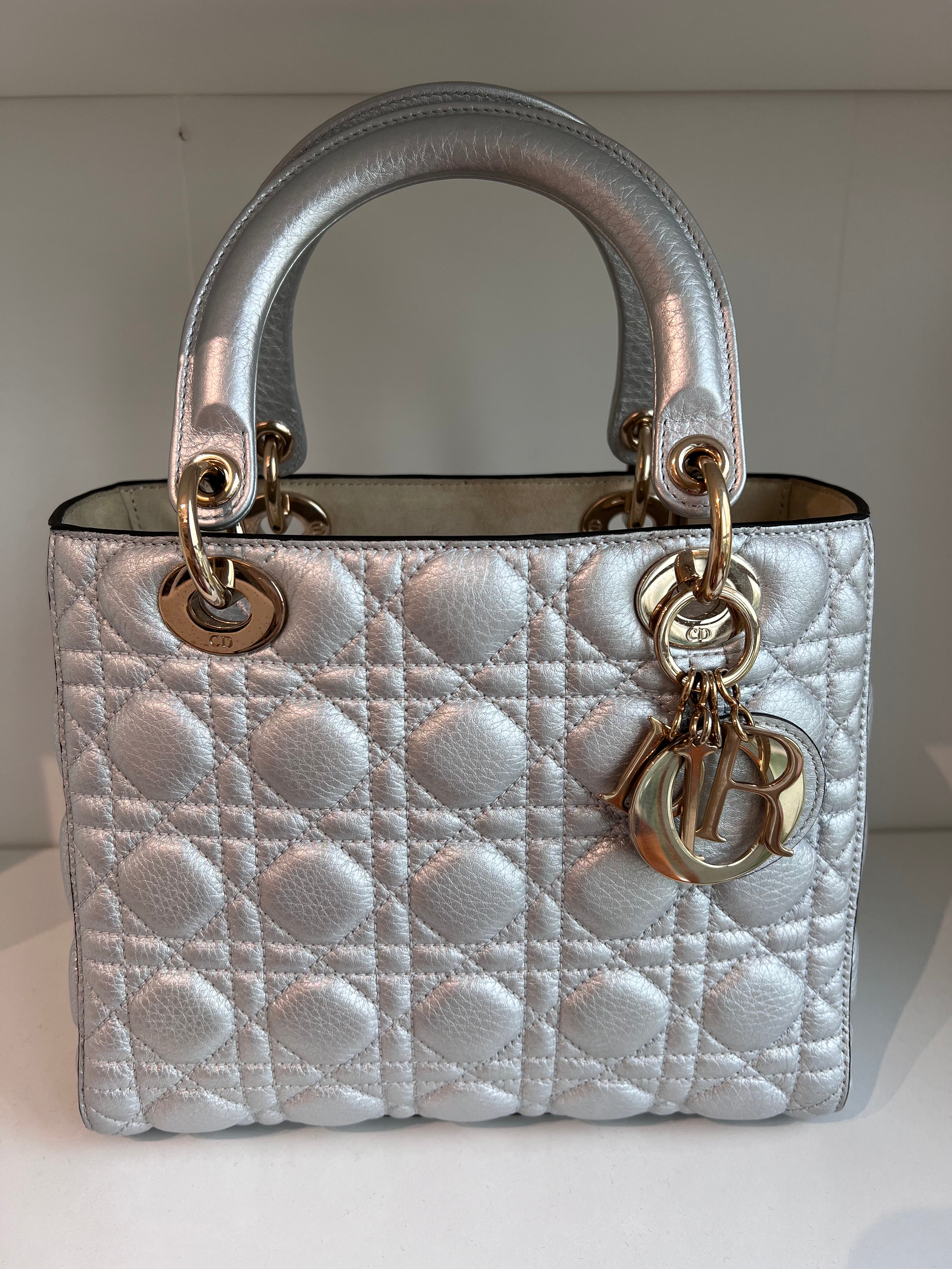 Lady Dior Medium Silver Grained Calfskin GHW SYCM259