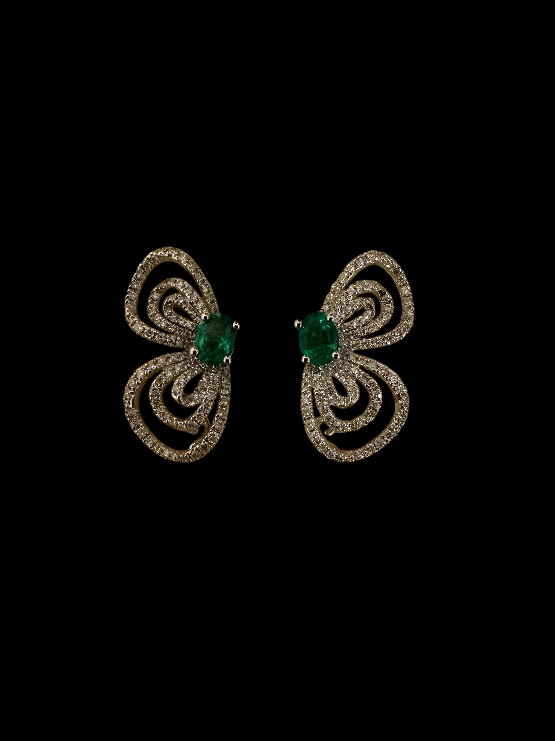 Paired Emerald & White Diamond Earrings set in 18K White Gold