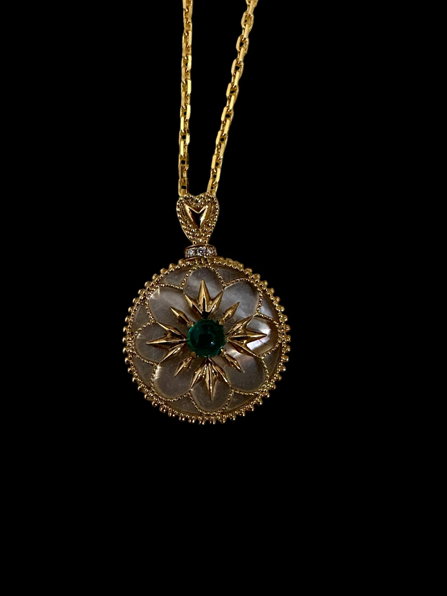 Columbian Emerald & White Diamond Floral Design set in 18K Yellow Gold Pendant