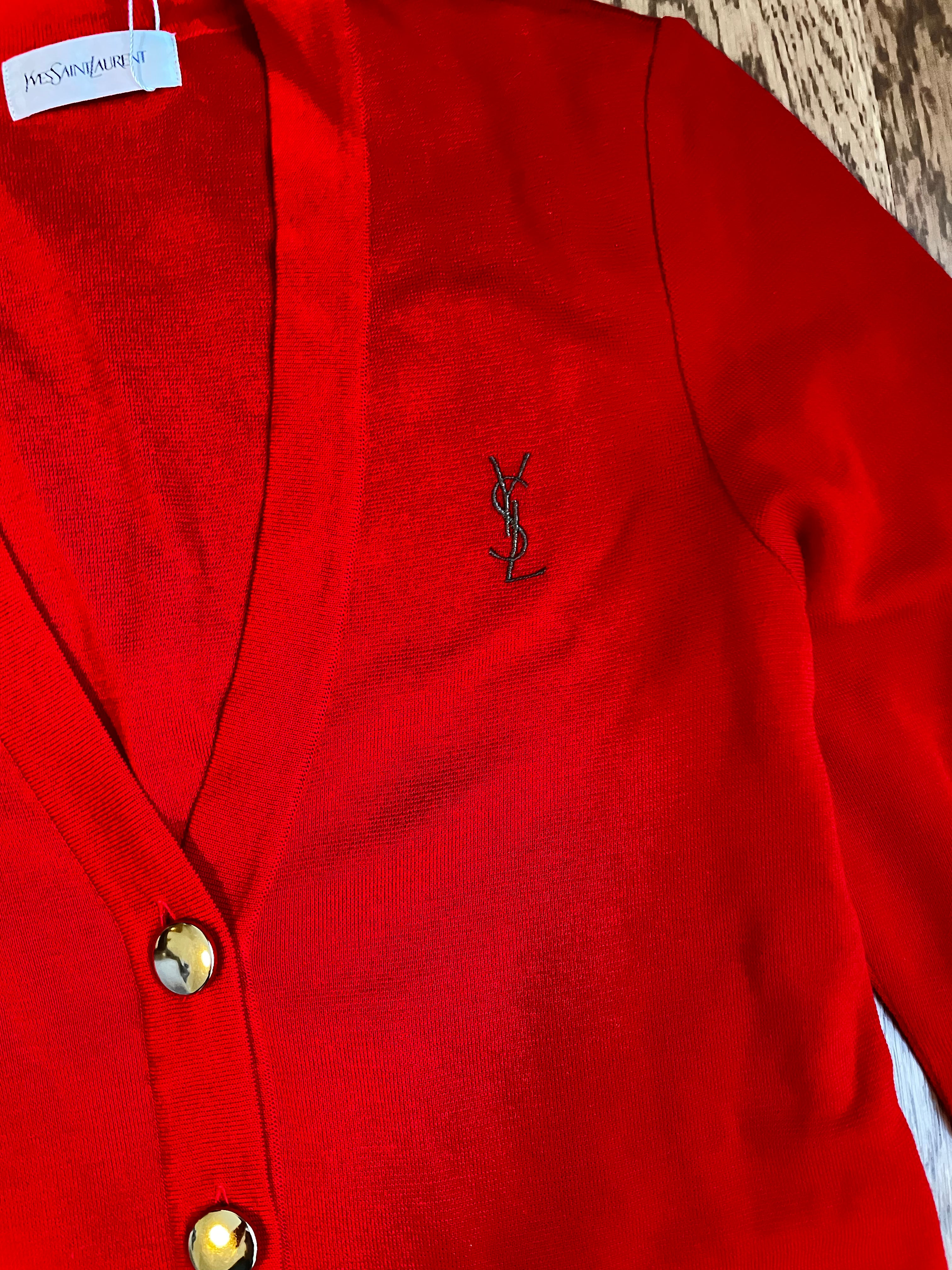 YSL Logo Knit Cardigan Red Gold Button  DXBK0097