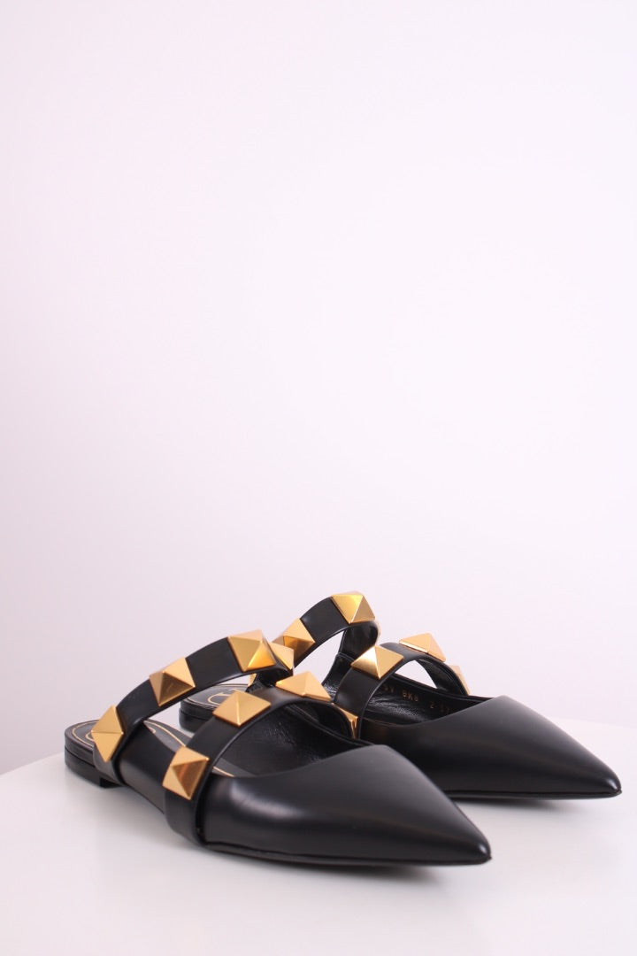 Valentino Roman Stud Leather Flat Mule Black 37.5