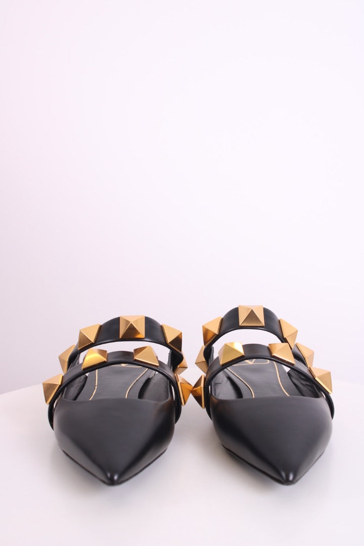 Valentino Roman Stud Leather Flat Mule Black 37.5