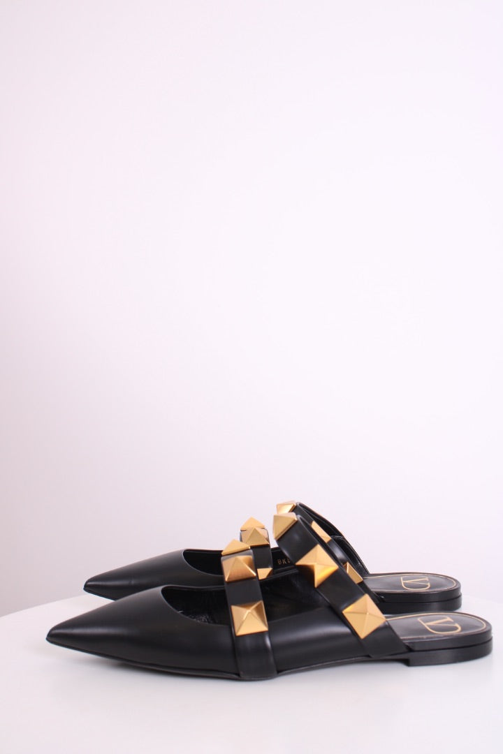 Valentino Roman Stud Leather Flat Mule Black 37.5