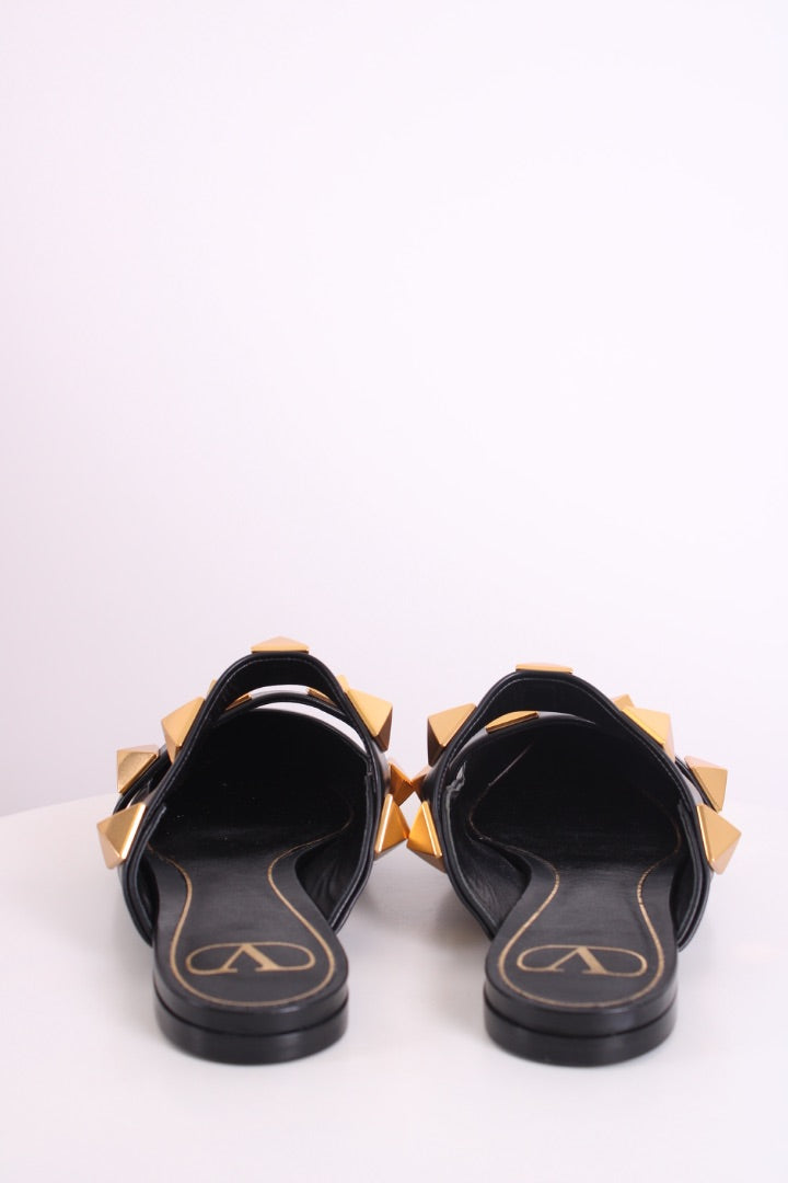 Valentino Roman Stud Leather Flat Mule Black 37.5