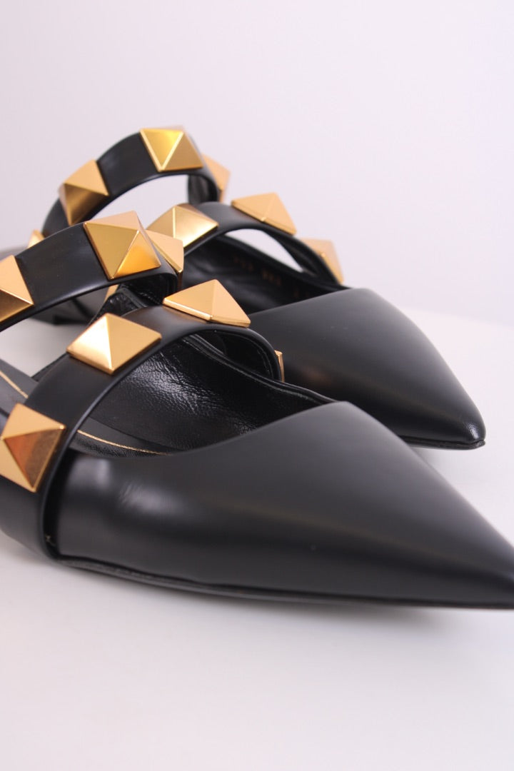 Valentino Roman Stud Leather Flat Mule Black 37.5
