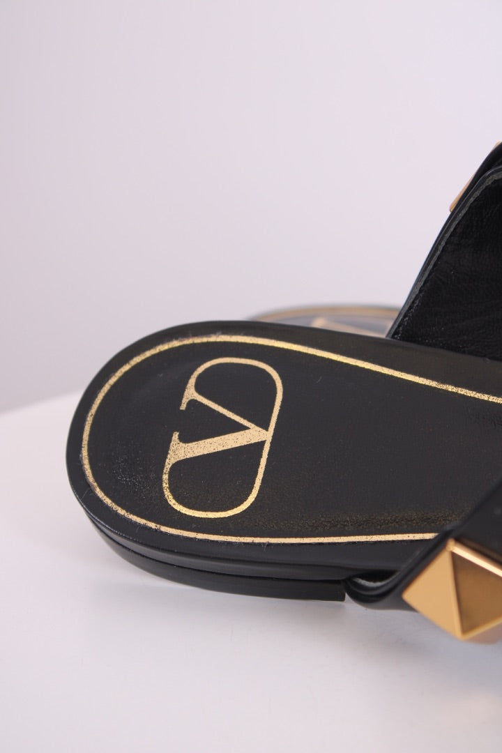 Valentino Roman Stud Leather Flat Mule Black 37.5