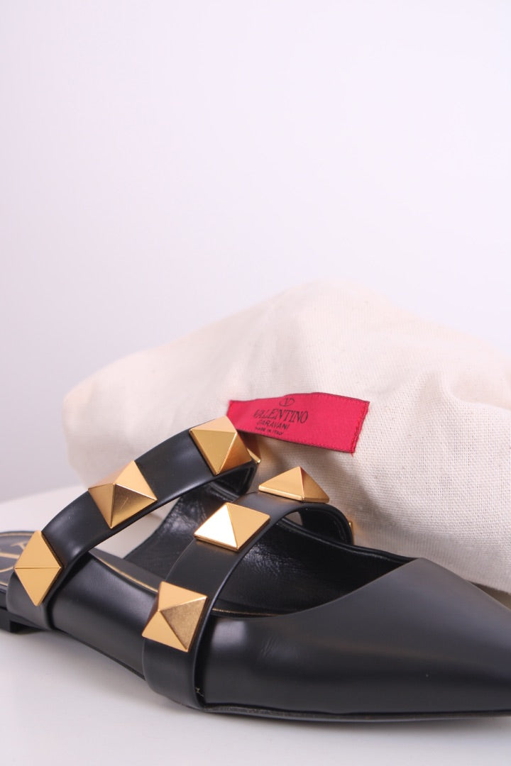 Valentino Roman Stud Leather Flat Mule Black 37.5