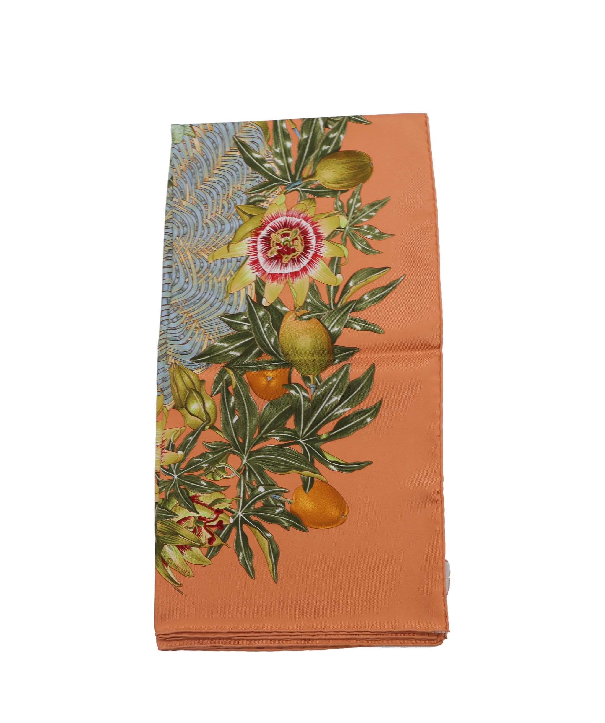 HERMES Carre 90 PASSIFLORES Scarf Silk Orange Auth am5974 DXBV0352