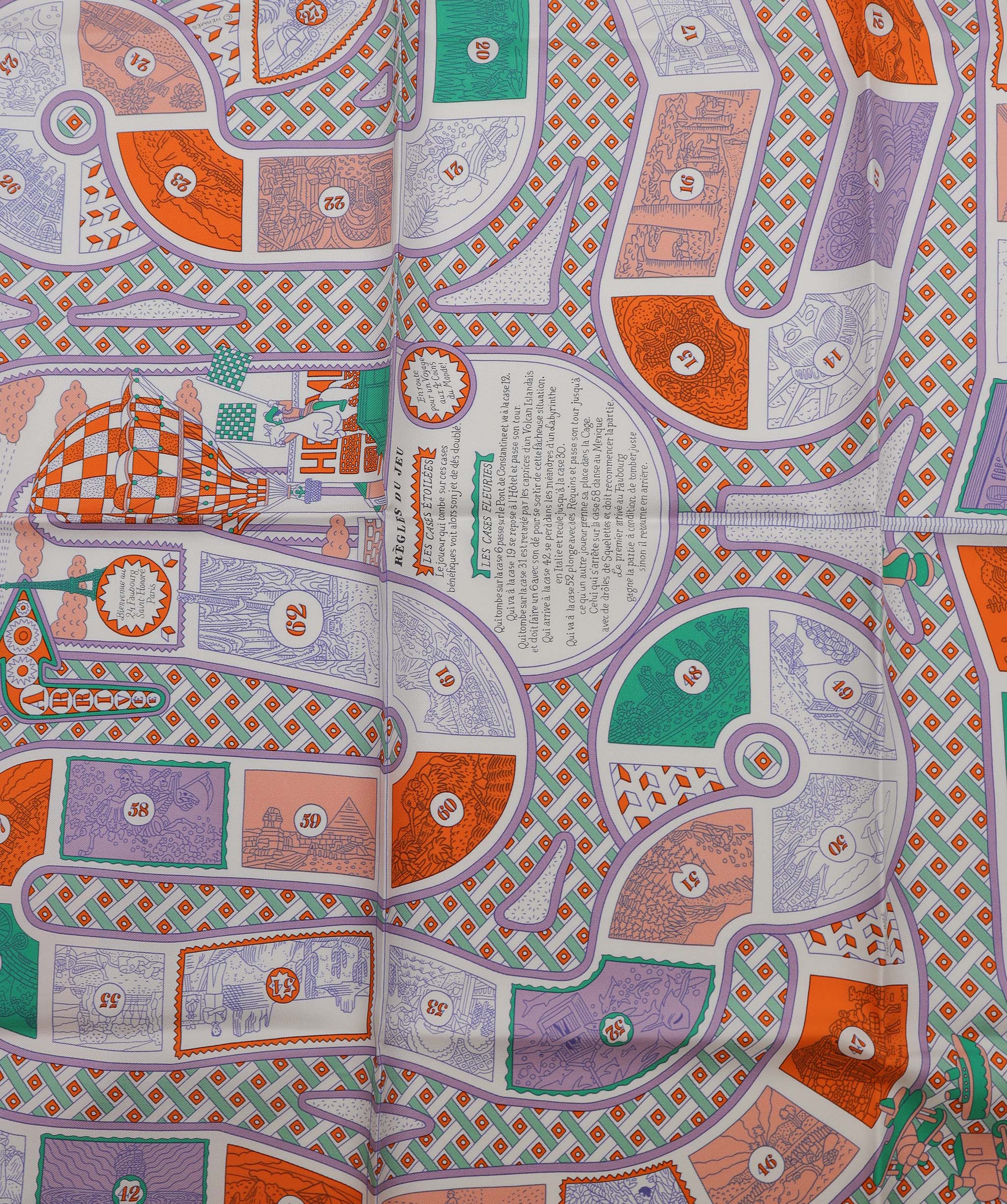 HERMES Carre 90 Scarf LE TOUR DU MONDE EN 63 CASES Silk White Orange DXBV0317