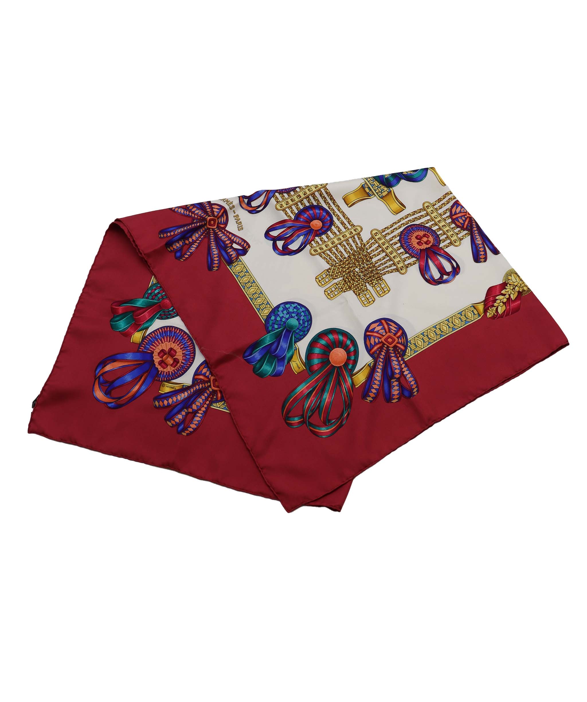 HERMES Carre 90 Scarf ""LES RUBANS DU CHEVAL"" Silk Red Auth am6113 DXBV0338