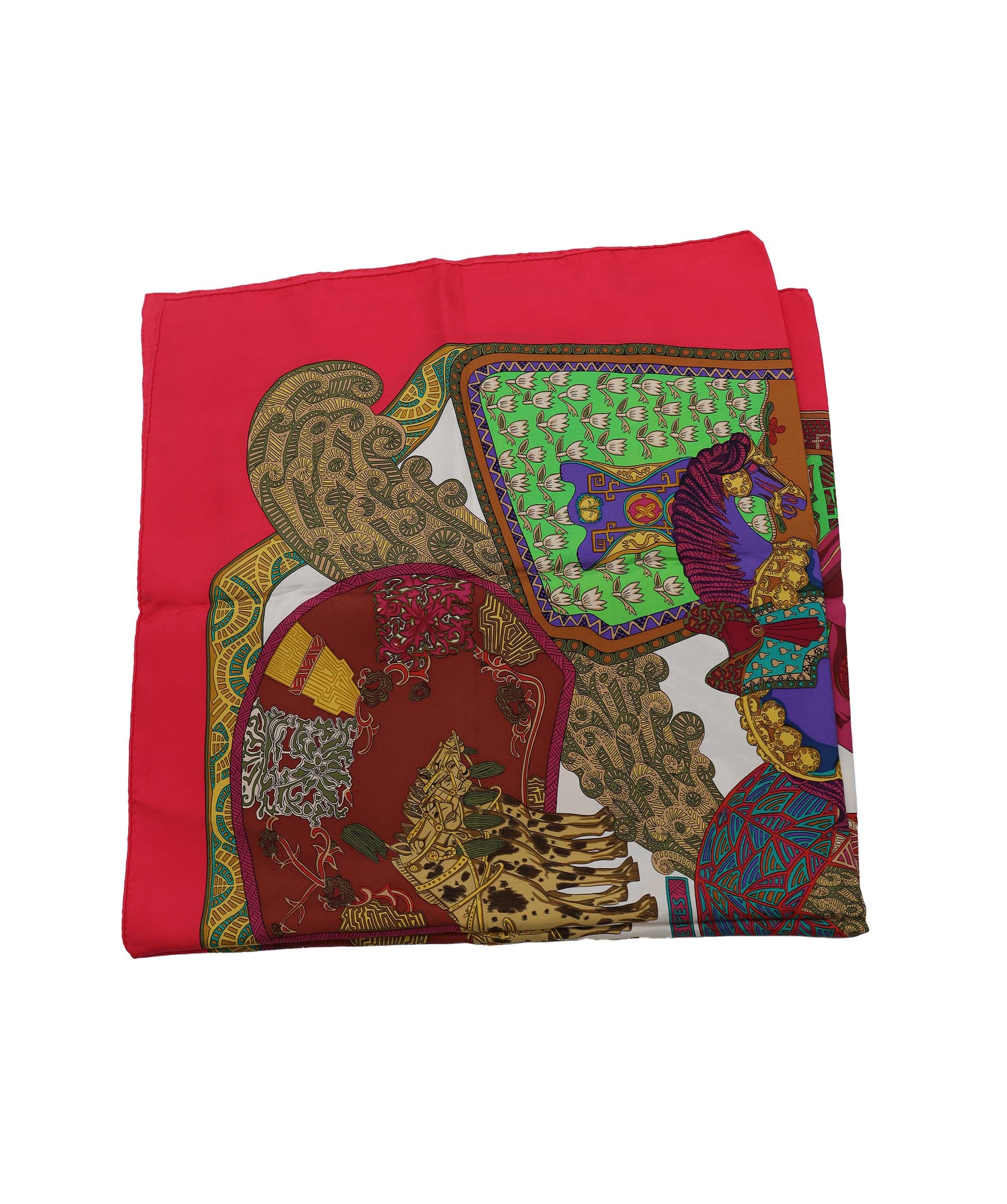 HERMES Carre 90 Scarf ART des STEPPES Silk Red Auth am6435 DXBV0327