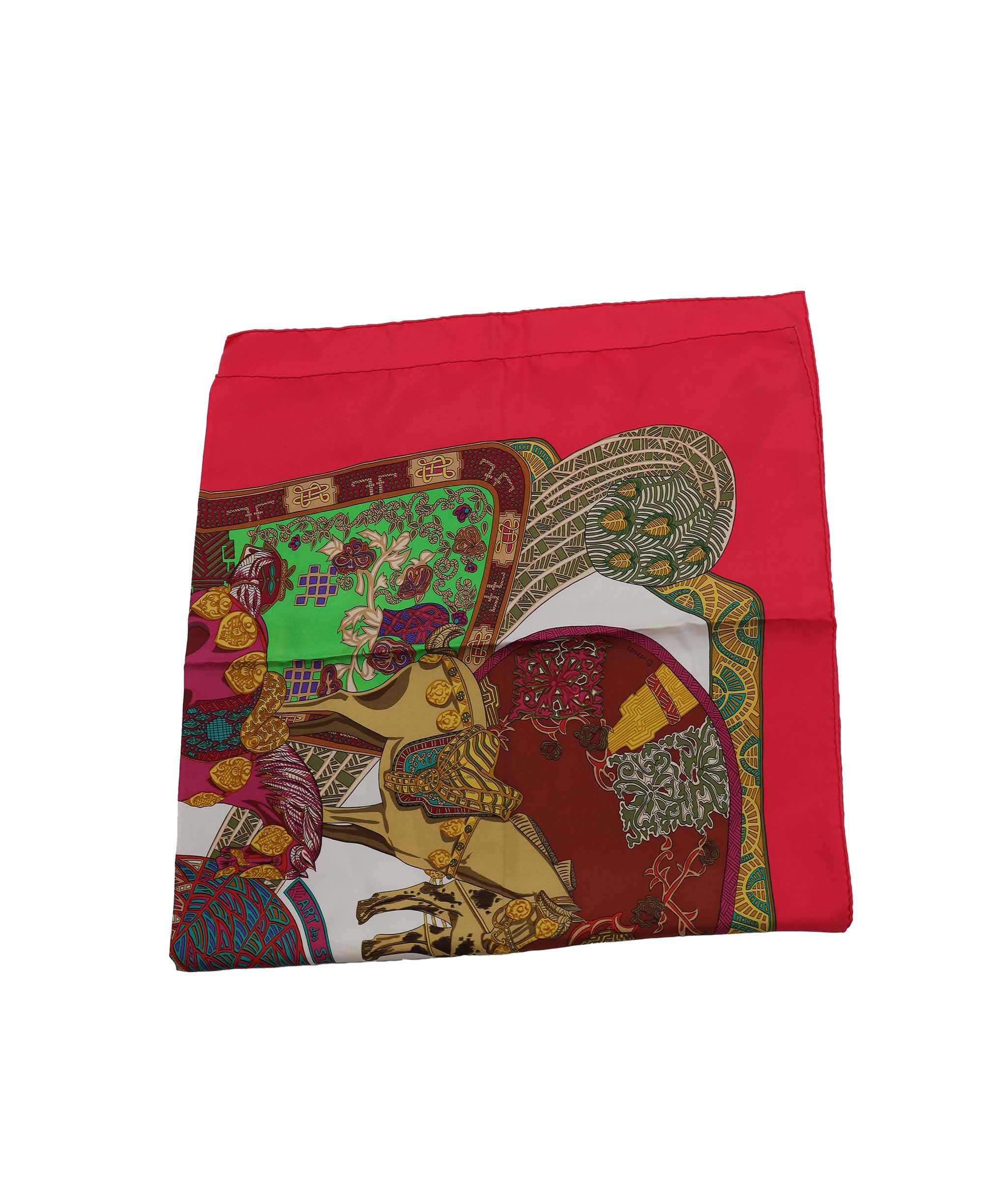 HERMES Carre 90 Scarf ART des STEPPES Silk Red Auth am6435 DXBV0327