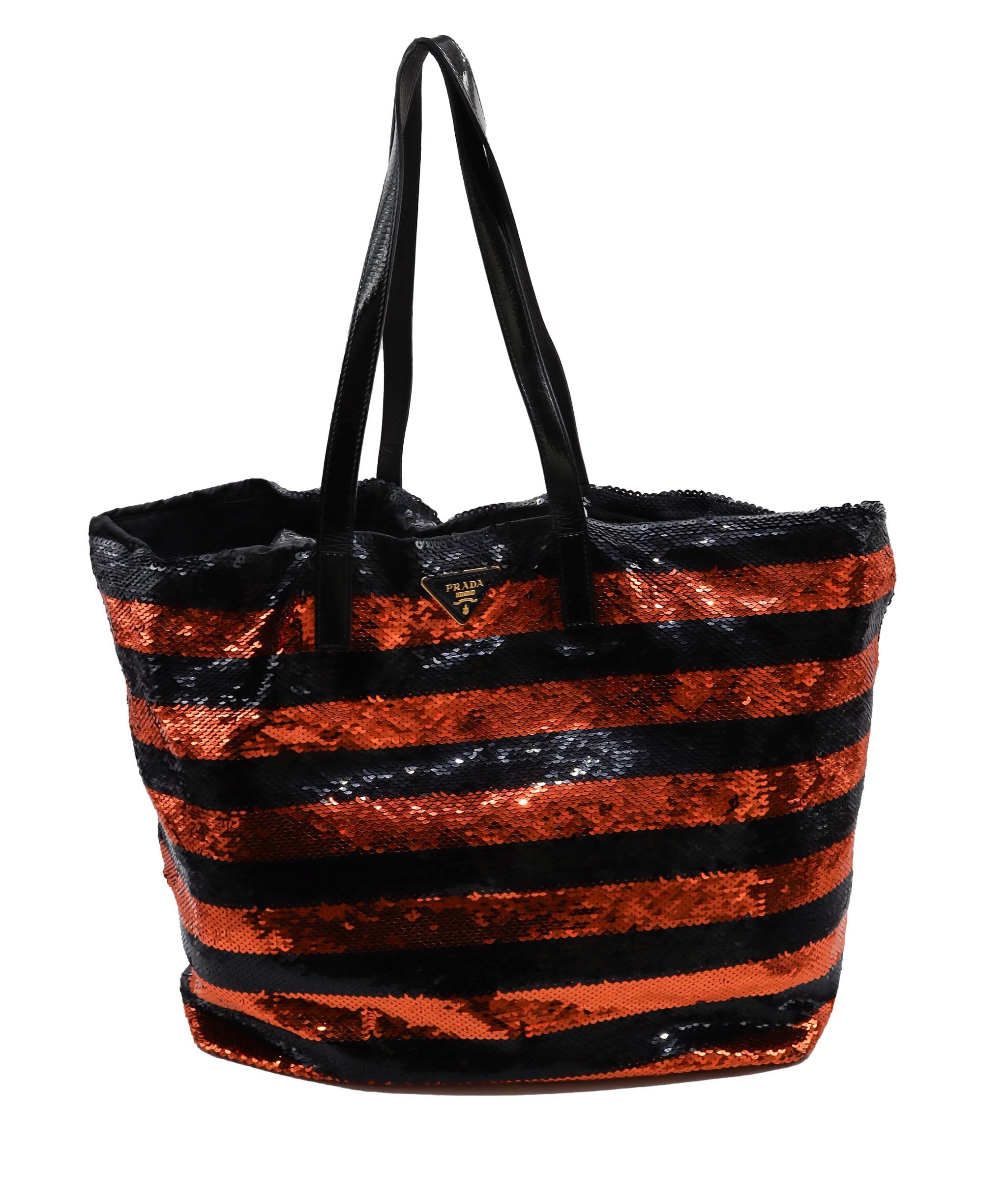 Prada Sequins Stripe Tote Bag Orange Black DXBS0859