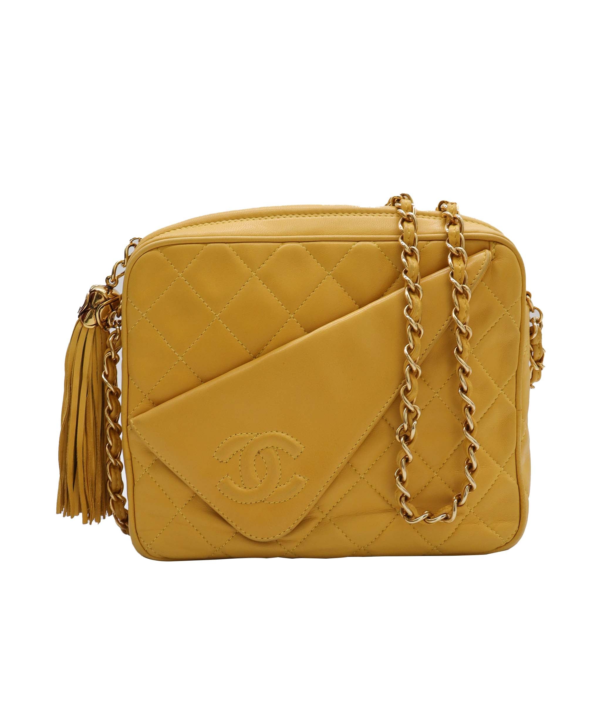 CHANEL Fringe Chain Shoulder Bag Yellow Lambskin Leather DXBS0947