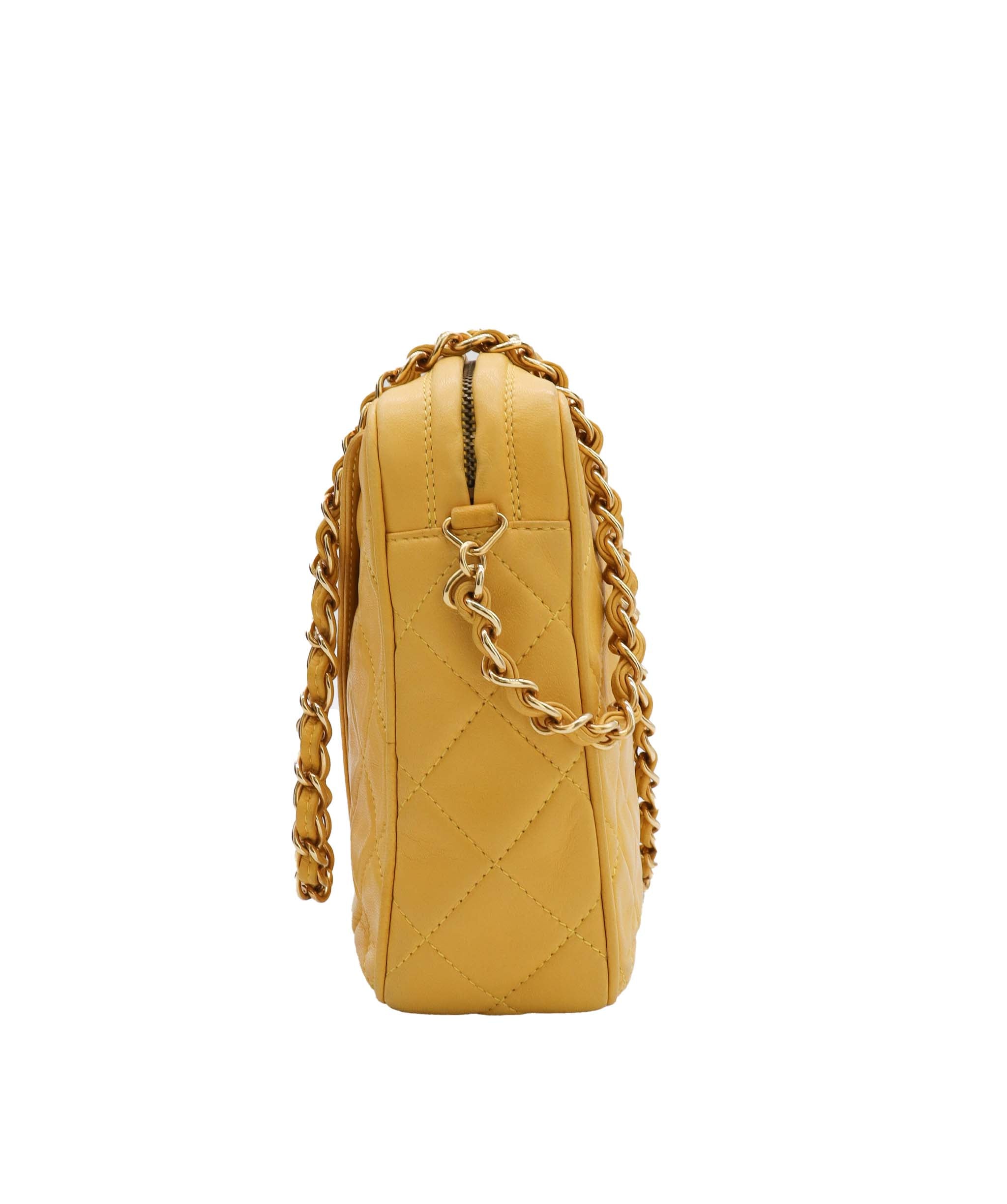 CHANEL Fringe Chain Shoulder Bag Yellow Lambskin Leather DXBS0947