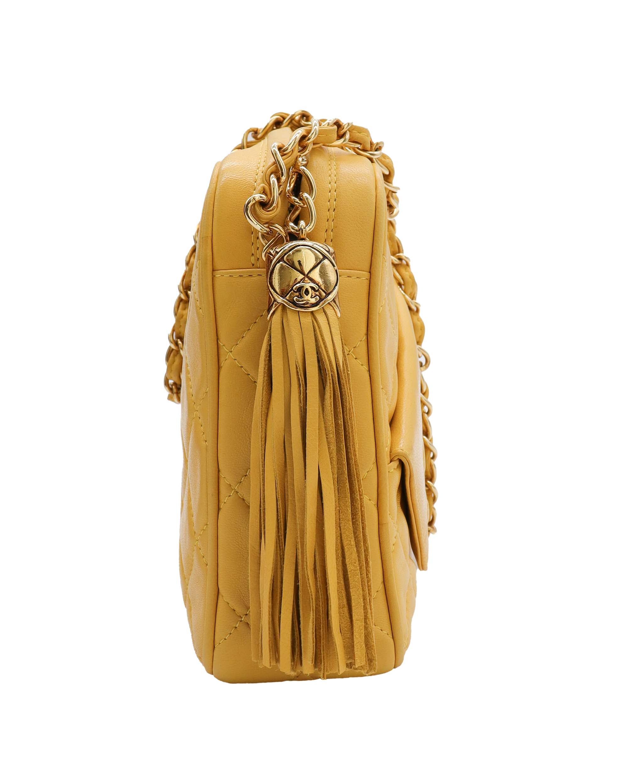 CHANEL Fringe Chain Shoulder Bag Yellow Lambskin Leather DXBS0947