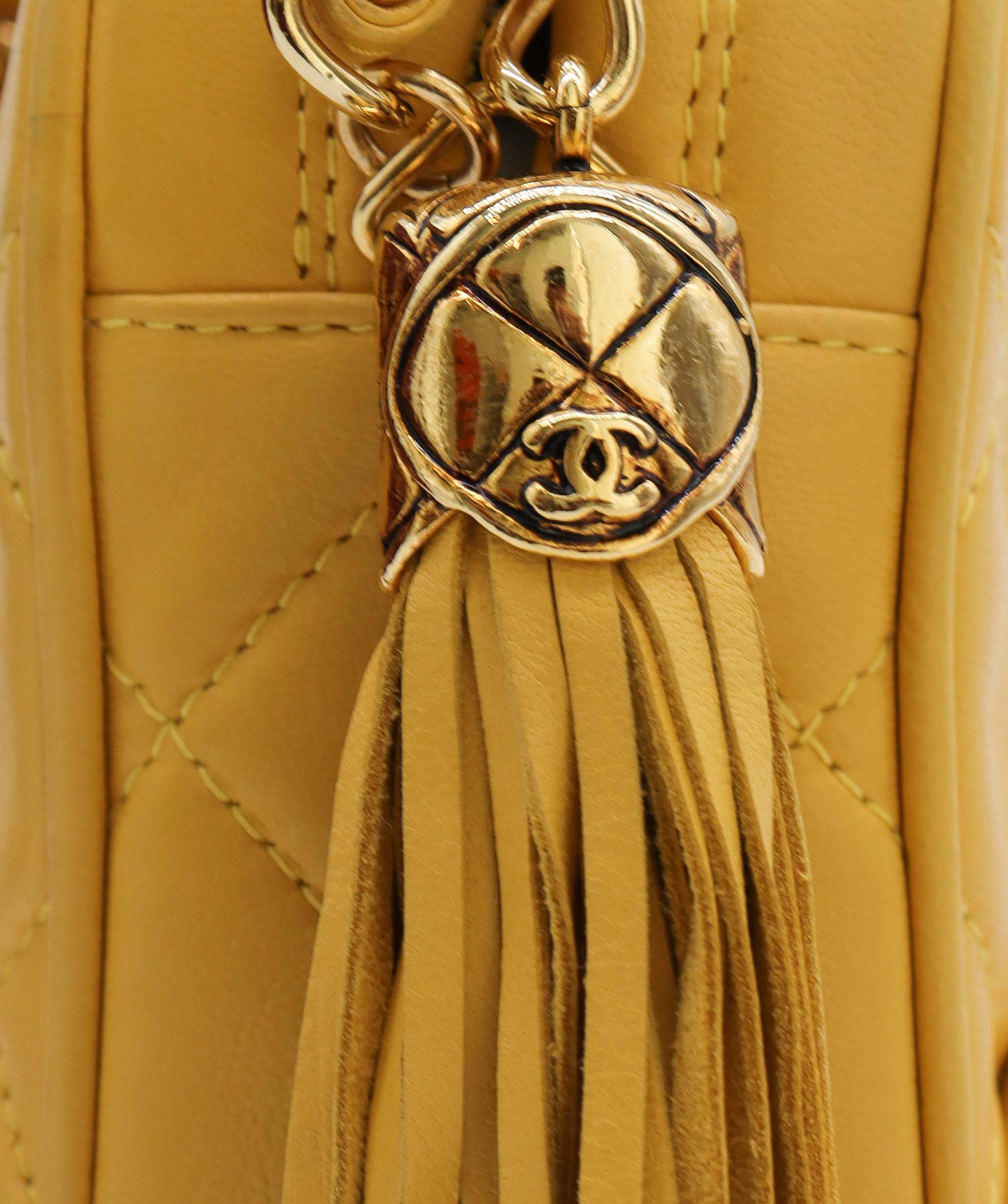 CHANEL Fringe Chain Shoulder Bag Yellow Lambskin Leather DXBS0947