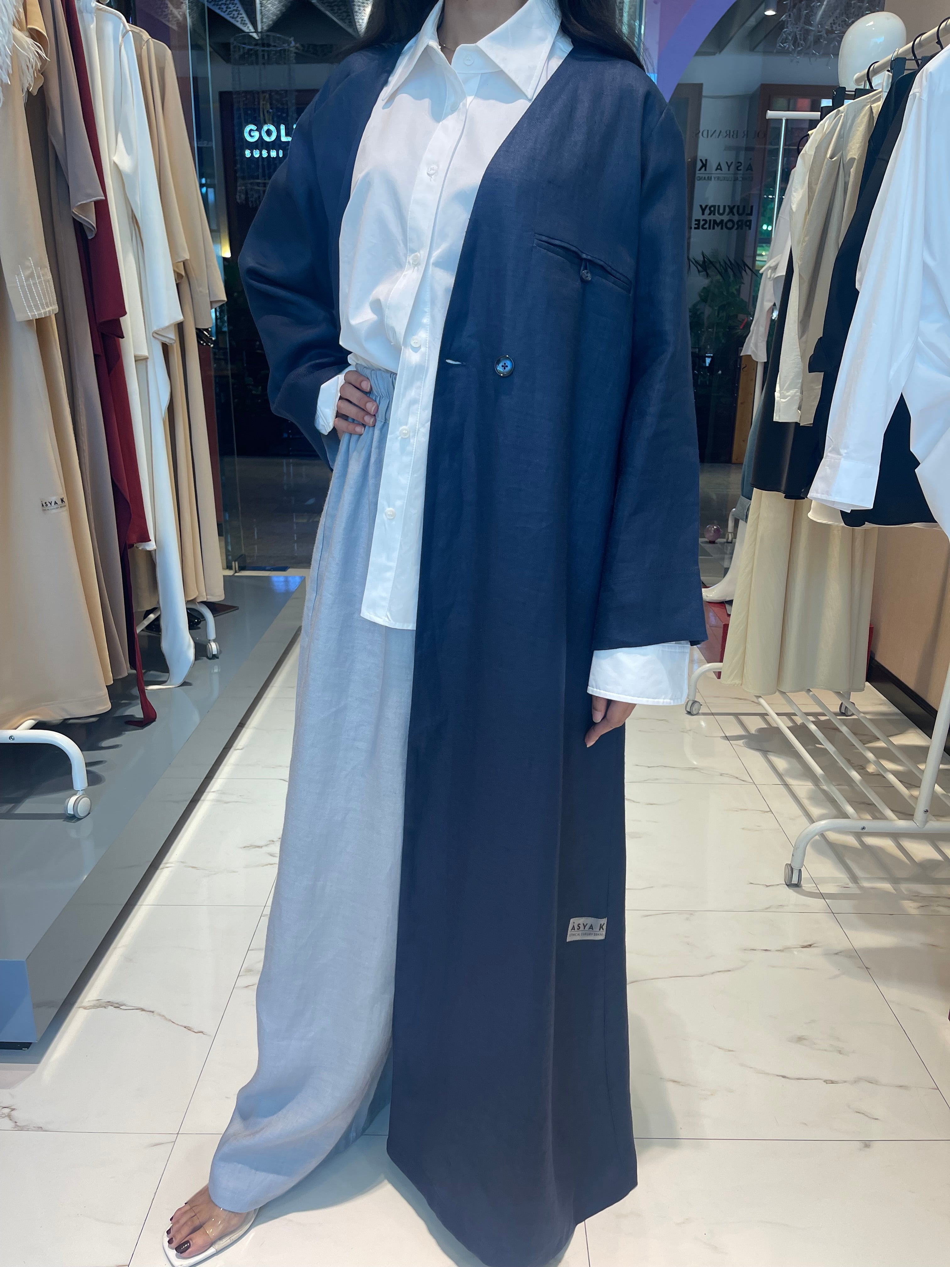 V COAT OPEN FRONT ABAYA (عباية) “SAMA” (LINEN COLLECTION)