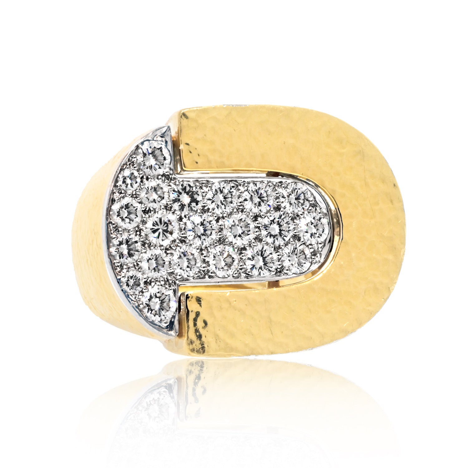 David Webb 18K Hammered Yellow Gold and Diamond Pave Retro Cocktail Ring ASC5382