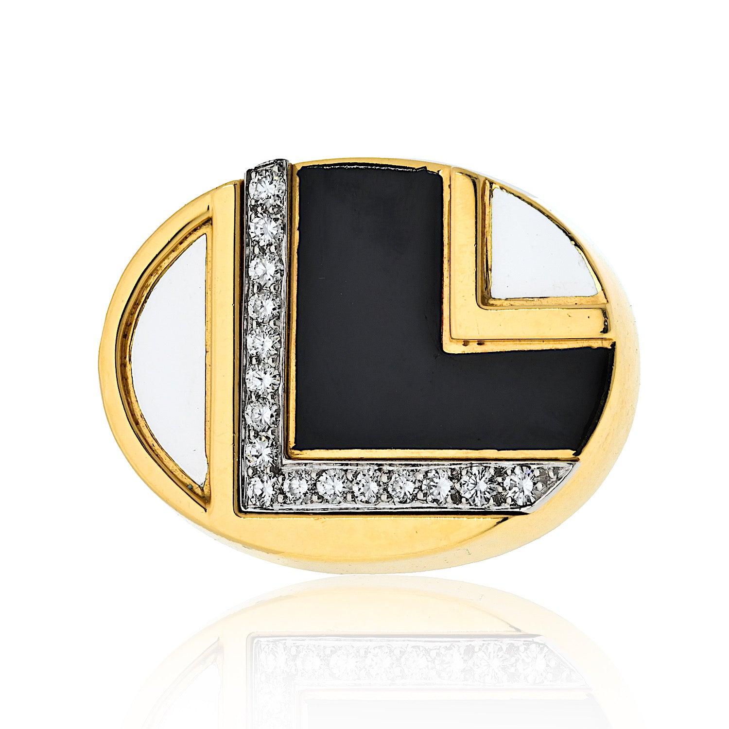 David Webb White and Black Enamel Retro Ring with Brilliant Cut Diamonds ASC5385