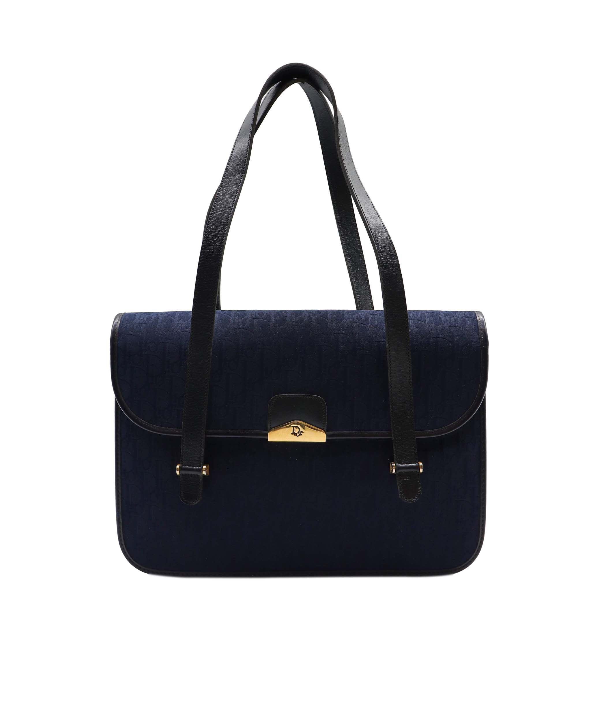 Christian Dior Trotter Canvas Hand Bag Navy Gold Auth yk15016 DXBV0378