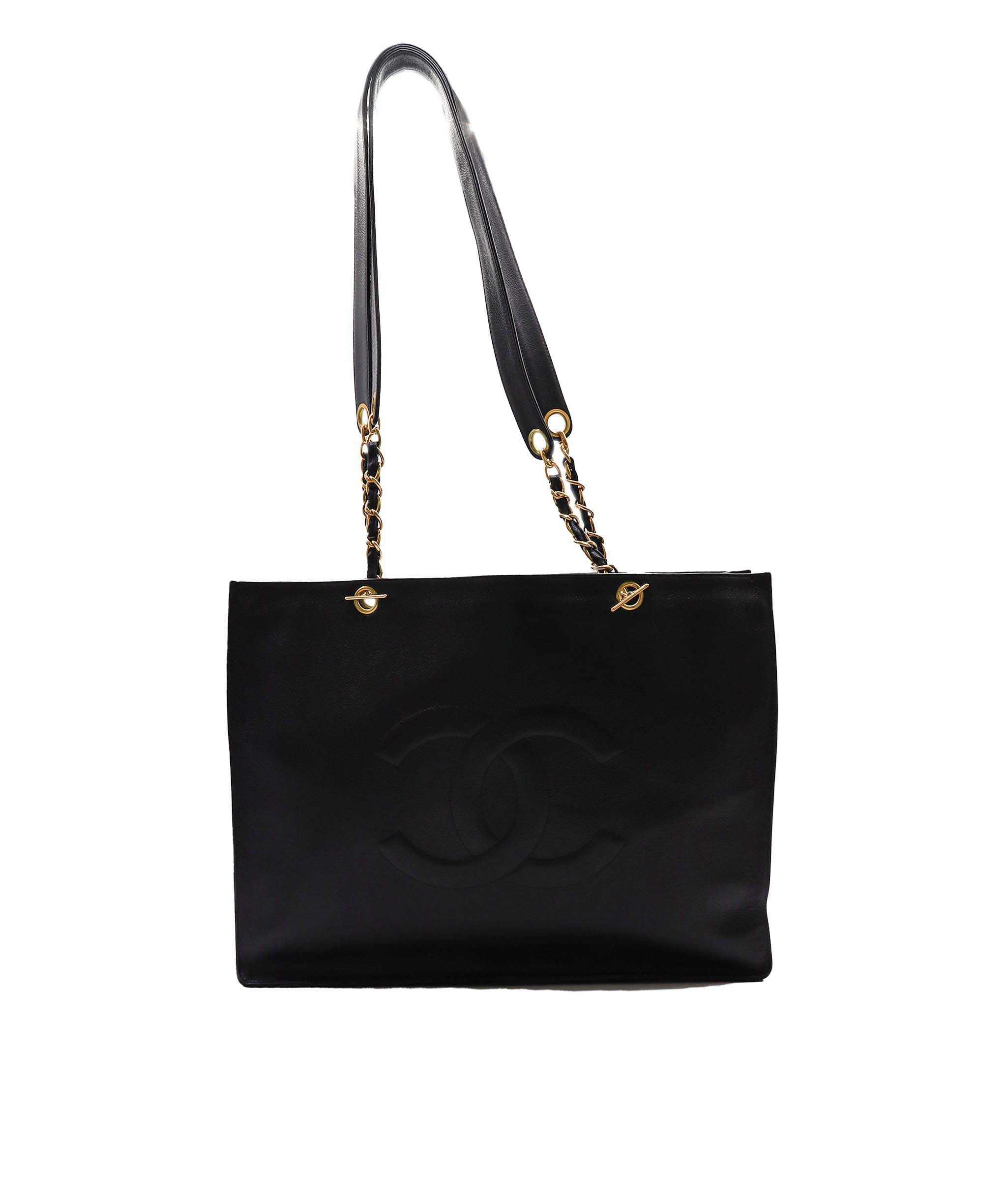 CHANEL Coco Logos Chain Tote Bag Caviar Skin Leather Black Purse 90240049 DXBS0964