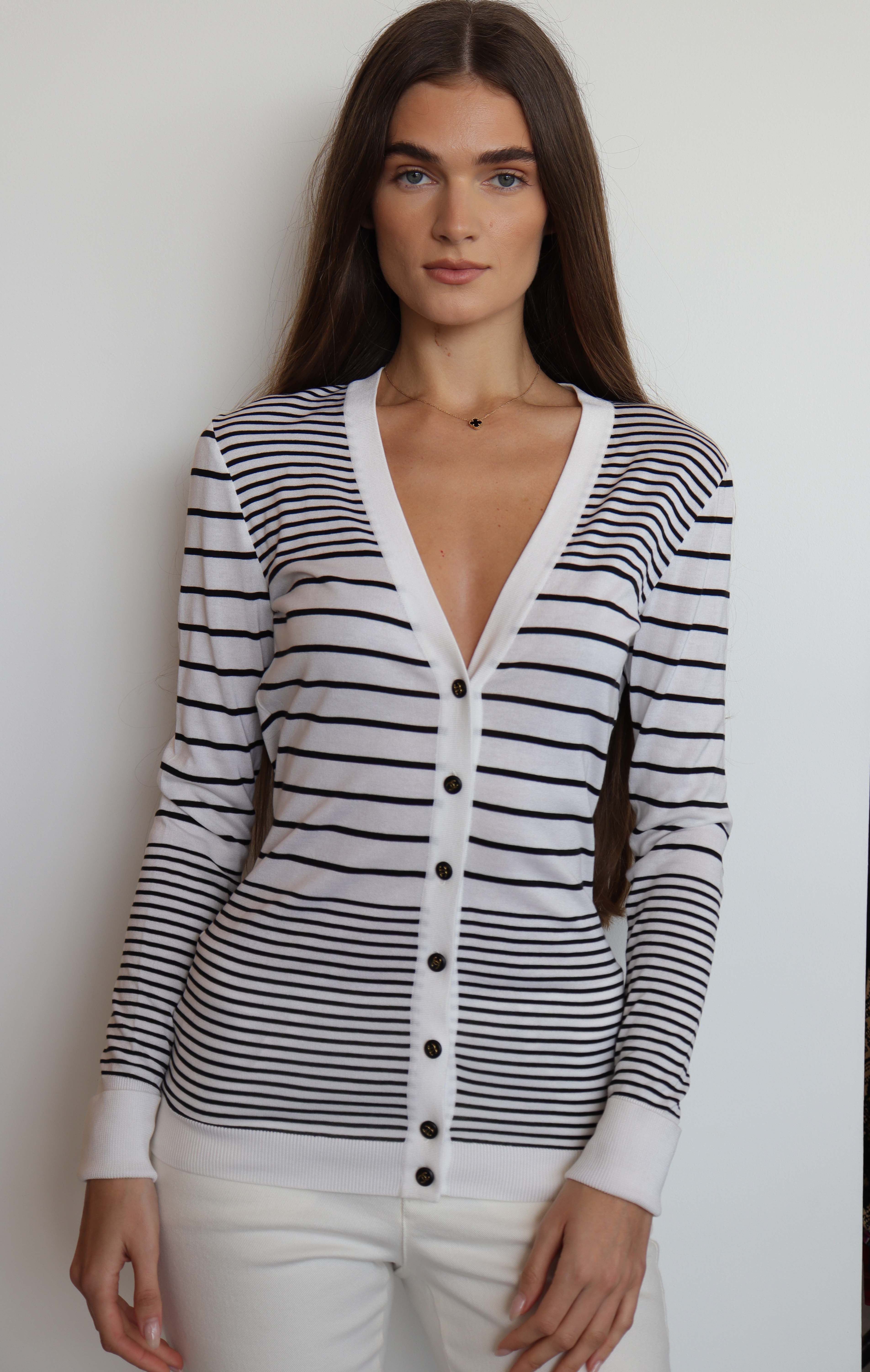 Chanel Logo Button Stripe Cardigan White Black DXBS2004